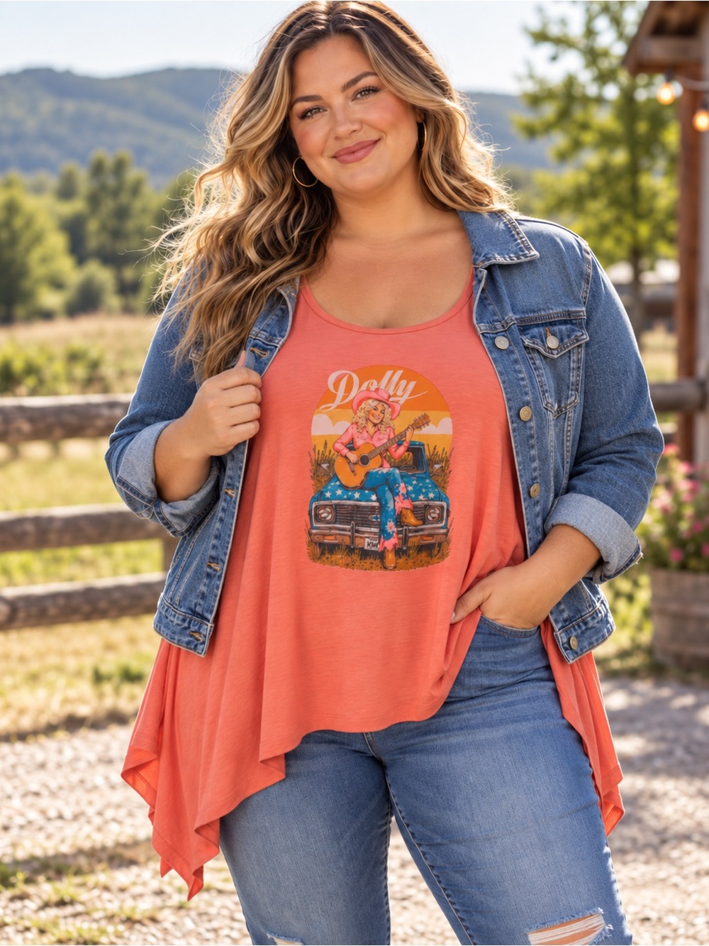 🆕 Custom Dolly Graphic Shark Bite Tank Top Women’s XL Coral Western NWT